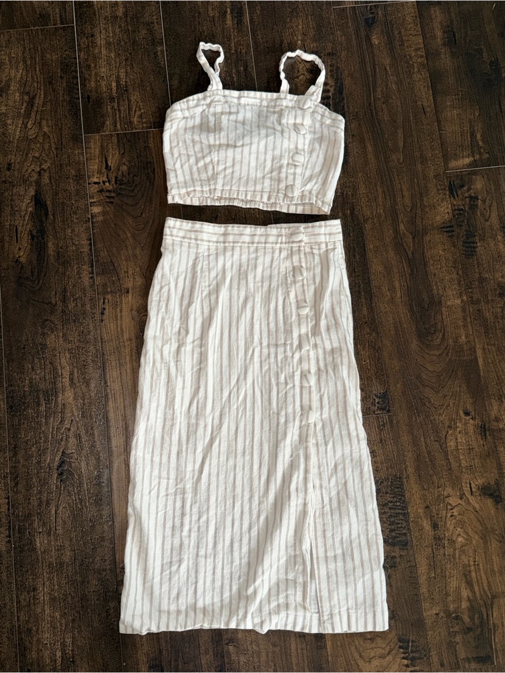 Forever 21 Ivory and Tan Striped Button Crop Tank and Midi Skirt Set